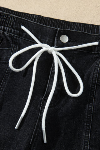 Black Drawstring Waist Ankle Length Casual Jeans Regular Fit Pocket Detail Denim Pants