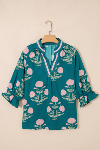 Green Casual Wild Flower Print V Neck 3/4 Sleeve Blouse