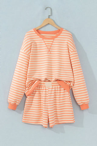 Grapefruit Orange Drop Shoulder Long Sleeve Pullover Elastic Waist Casual Short Set