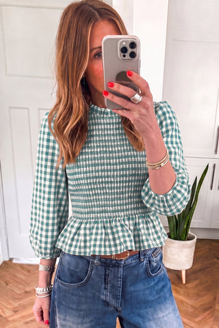Red 3/4 Sleeve Shirred Plaid Peplum Top