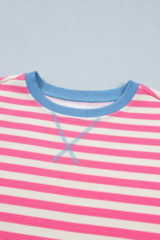 Pink Stripe Contrast Patchwork Short Sleeve Loose Tee