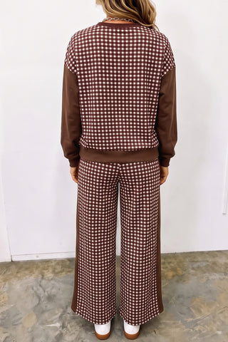 Brown Color Block Plaid Patchwork Long Sleeve Pullover Wide Leg Pant Set