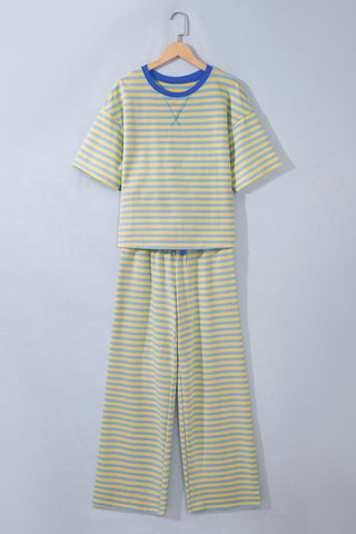 Pink Stripe Colorblock Trim Crew Neck Loose Tee Drawstring Elastic Waist 2pcs Pant Set