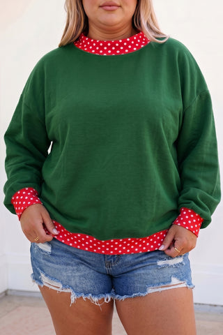 Brown Polka Dot Patchwork Round Neck Plus Size Sweatshirt