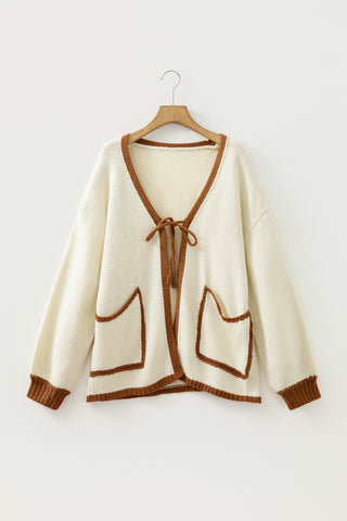 Apricot Contrast Trim V-Neck Tie Front Loose Sweater Cardigan