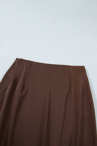 Dark Brown Lace Patchwork Hem Long Casual Shift Skirt