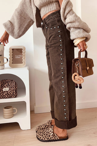 Coffee Studded Detail Straight Leg Casual Loose Jeans