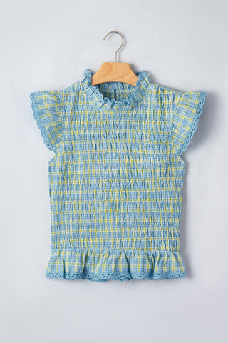 Multicolour Gingham Smoked Lace Trim Tank Top