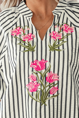 Blue Stripe Floral Embroidered Detail V Neck Short Sleeve Blouse