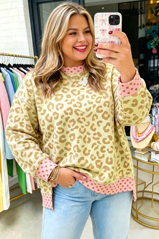 Brown Plus Size Leopard Print Contrast Polka Dot Trim Long Sleeve Top