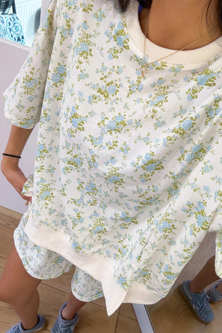 Sky Blue Floral Print Short Sleeve Elastic Waist Pocket Two Piece Set