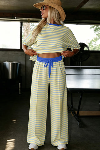 Pink Stripe Colorblock Trim Crew Neck Loose Tee Drawstring Elastic Waist 2pcs Pant Set