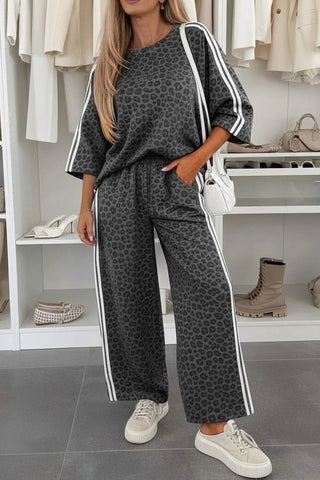 Pink Leopard Print Varsity Striped Detail 3/4 Sleeve Top Shift Pant Set
