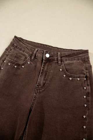 Coffee Studded Detail Straight Leg Casual Loose Jeans