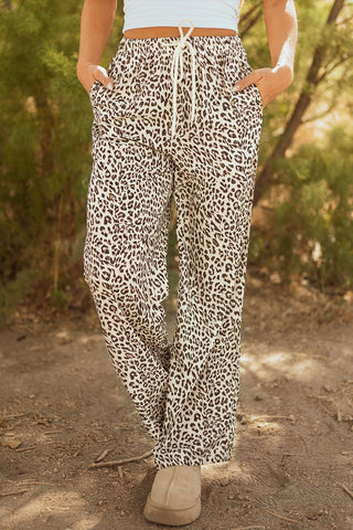 Brown Leopard Drawstring Elastic Waistband Loose Pants
