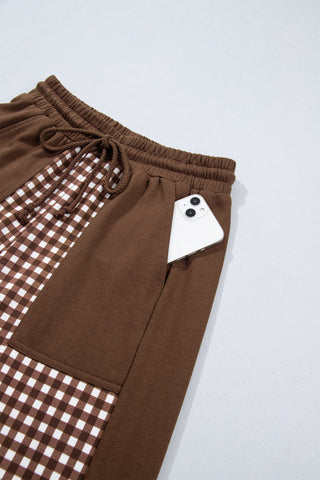 Brown Color Block Plaid Patchwork Long Sleeve Pullover Wide Leg Pant Set