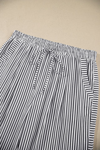 Black Stripe Plus Size Tie Waist Loose Pants