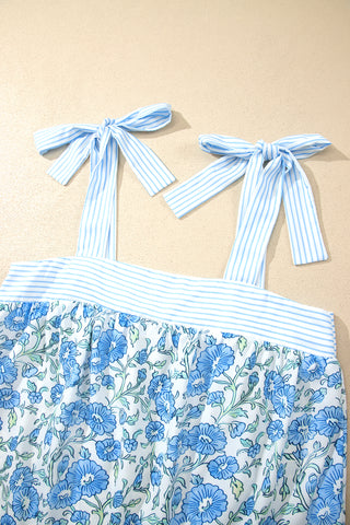Sky Blue Floral Striped Patchwork Knot Straps 2pcs Short Set