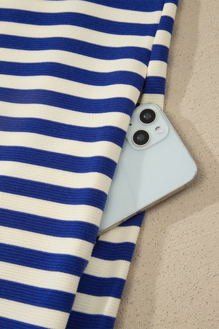 Dark Blue Striped Shift Dress Colorblock V Neck Short Sleeve Casual Summer