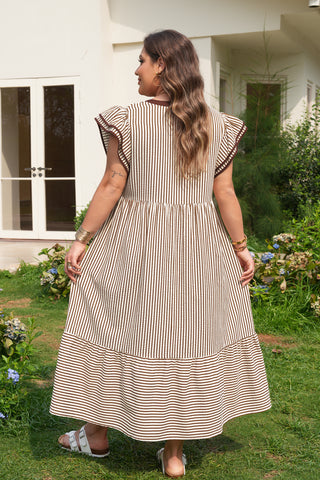Brown Stripe Plus Size Slit V Neck Tiered Flutter Sleeve Maxi Dress