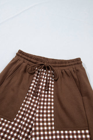 Brown Color Block Plaid Patchwork Long Sleeve Pullover Wide Leg Pant Set