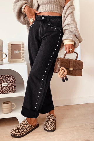 Coffee Studded Detail Straight Leg Casual Loose Jeans