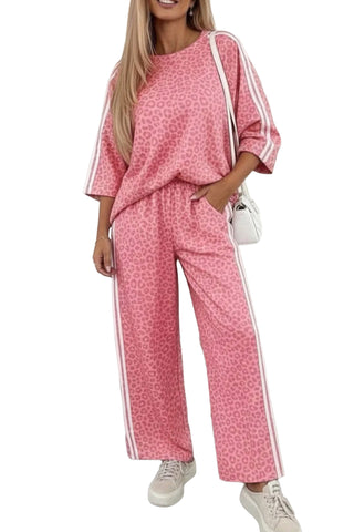 Pink Leopard Print Varsity Striped Detail 3/4 Sleeve Top Shift Pant Set