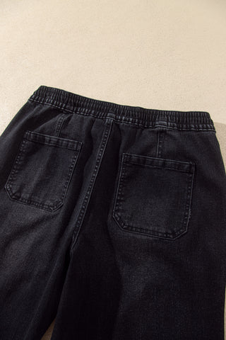 Black Drawstring Waist Ankle Length Casual Jeans Regular Fit Pocket Detail Denim Pants