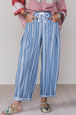 Sky Blue Stripe High Waist Wide Leg Lace Up Barrel Jeans