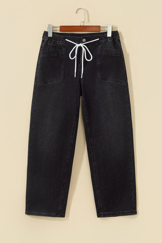 Black Drawstring Waist Ankle Length Casual Jeans Regular Fit Pocket Detail Denim Pants