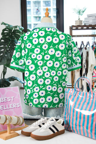 Green Flower Printed Contrast Patchwork Collar Short Sleeve Blouse