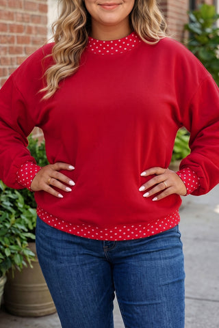 Brown Polka Dot Patchwork Round Neck Plus Size Sweatshirt