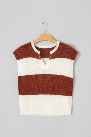 Brown Stripe Striped Colorblock Knit V Neck Short Sleeve Loose Sweater