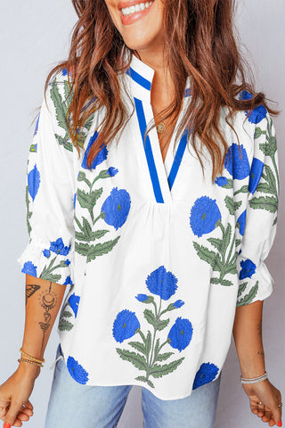 Green Casual Wild Flower Print V Neck 3/4 Sleeve Blouse