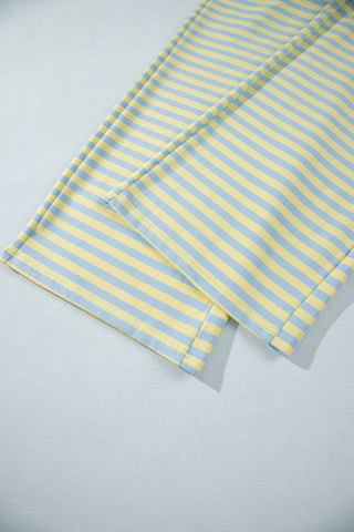 Pink Stripe Colorblock Trim Crew Neck Loose Tee Drawstring Elastic Waist 2pcs Pant Set
