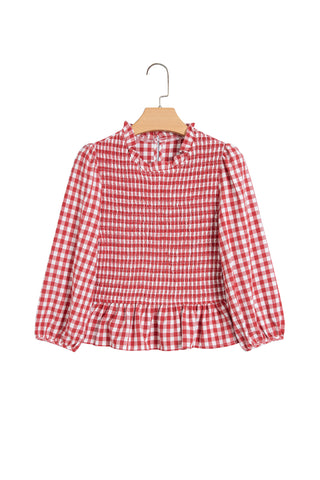 Red 3/4 Sleeve Shirred Plaid Peplum Top
