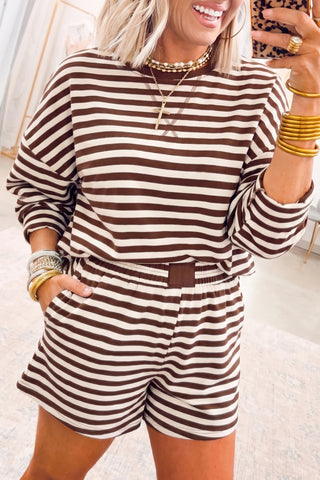 Grapefruit Orange Drop Shoulder Long Sleeve Pullover Elastic Waist Casual Short Set