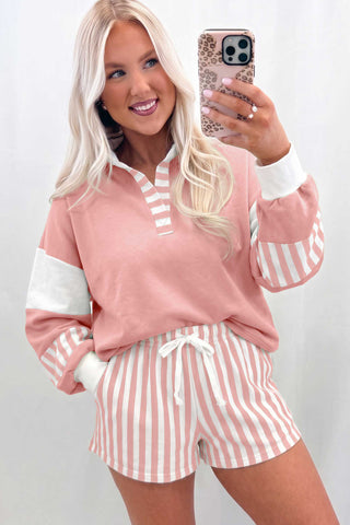 Smoke Green Striped Color Block Pullover Top Drawstring Shorts Set