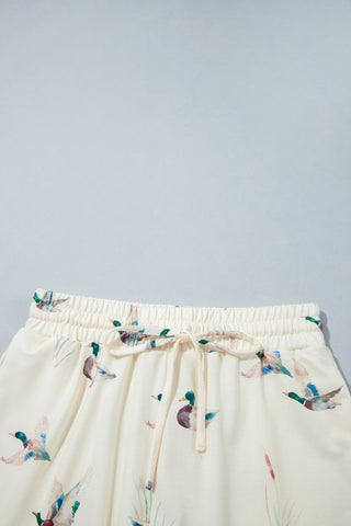 Beige Free Mallard Print Long Sleeve Top Drawstring Short Set