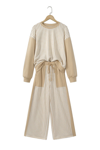 Brown Color Block Plaid Patchwork Long Sleeve Pullover Wide Leg Pant Set