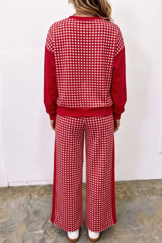 Brown Color Block Plaid Patchwork Long Sleeve Pullover Wide Leg Pant Set