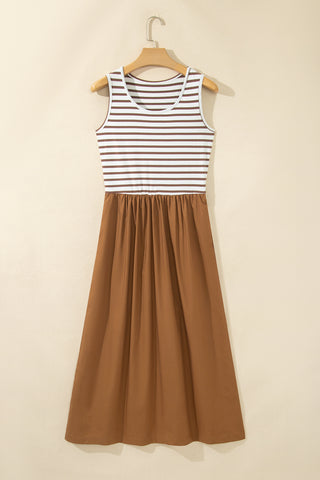 Chestnut Striped Colorblock Patchwork Sleeveless Casual Long Dress