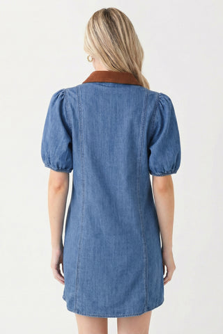 Blue Denim Short Puff Sleeve Color Block Shirt Collar Patchwork Mini Dress