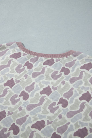 Green Camouflage Print Waffle Textured Pullover and Shorts Plus Size 2pcs Set