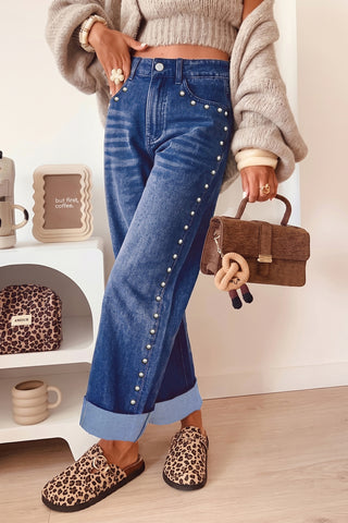 Coffee Studded Detail Straight Leg Casual Loose Jeans