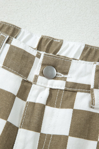 White Checkered Print Denim Barrel Pants