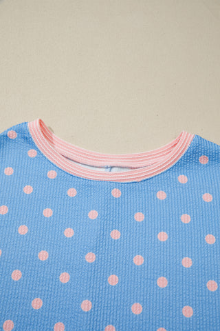 Sky Blue Raised Rib Polka Dot Print Cuffed Short Sleeve Top
