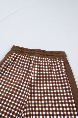 Brown Color Block Plaid Patchwork Long Sleeve Pullover Wide Leg Pant Set