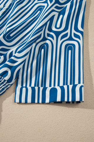Blue Geometric Print Short Sleeve Drawstring Shirt Collar Dress