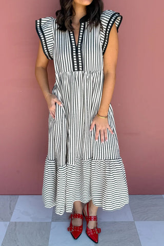 Brown Stripe Plus Size Slit V Neck Tiered Flutter Sleeve Maxi Dress
